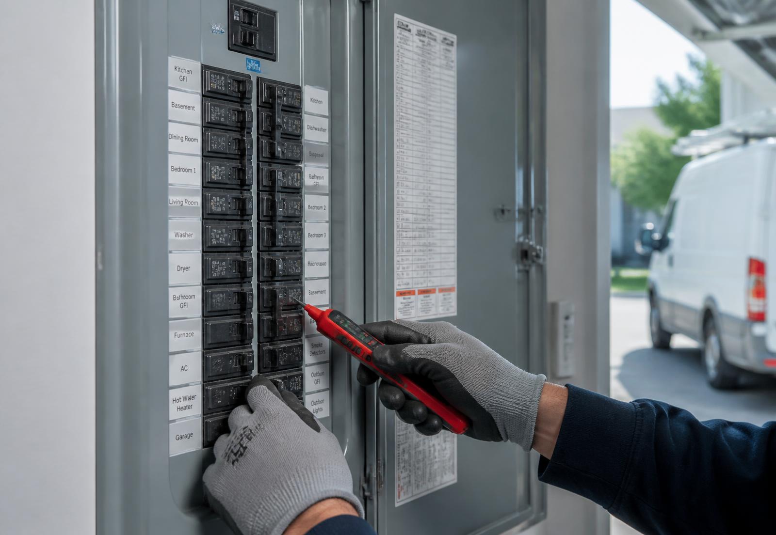 Residential electrical panel with labeled breakers being inspected