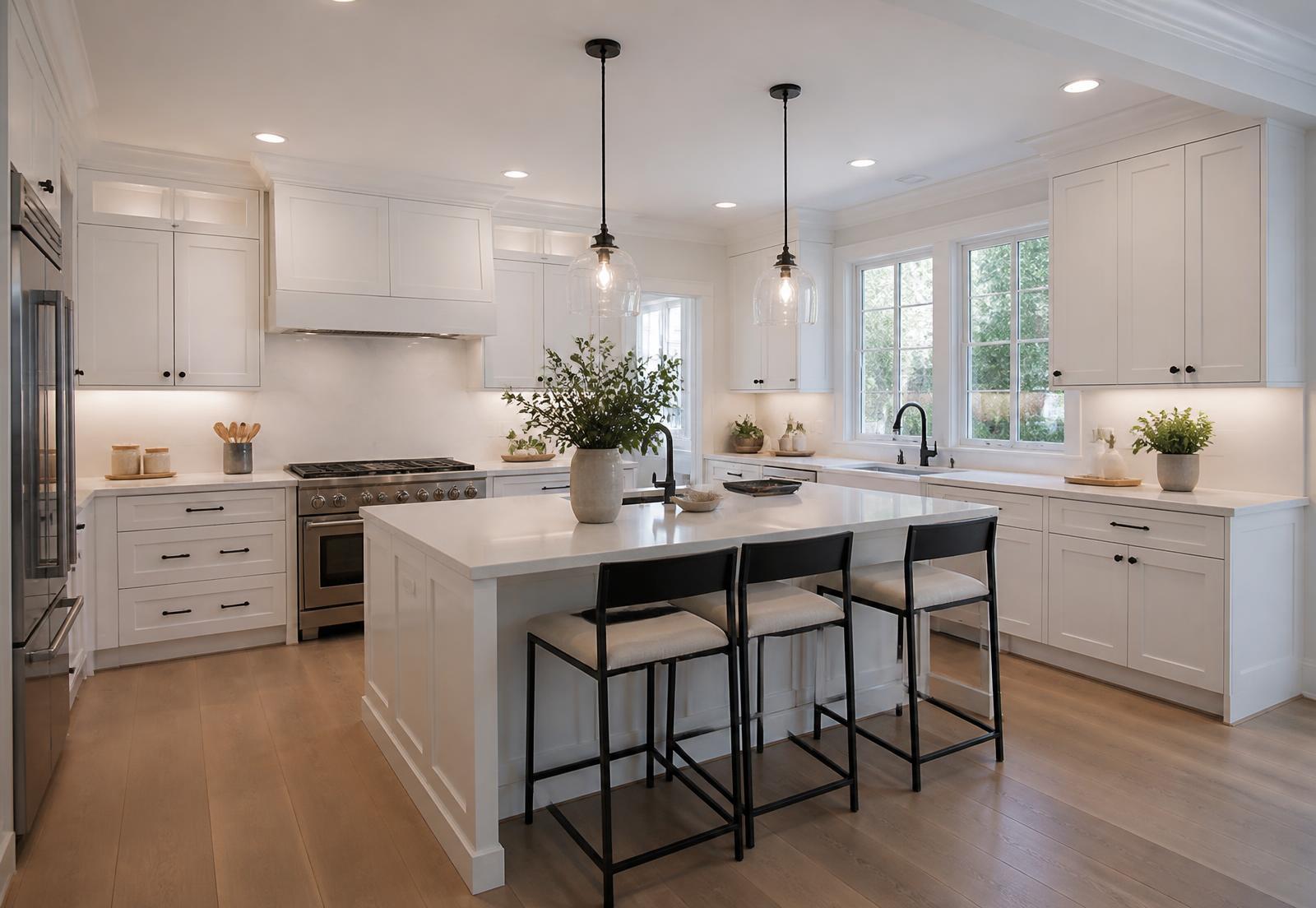 Bright white kitchen with recessed ceiling lighting, pendant lights, and under-cabinet lighting